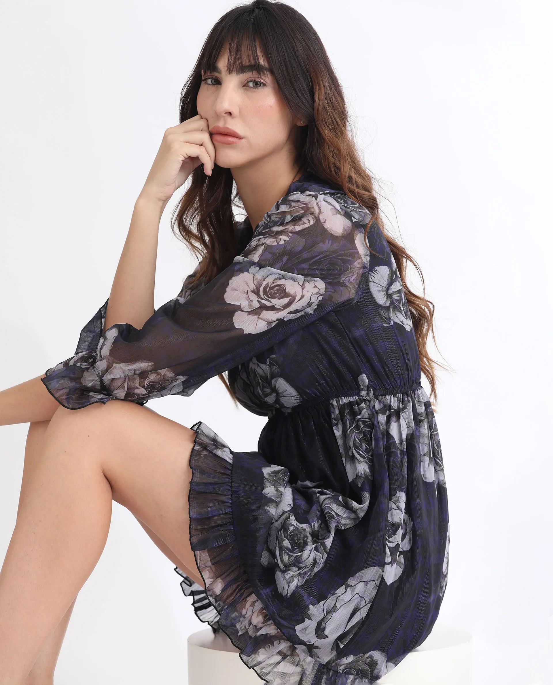 Rareism Women Fente Dark Purple Polyester Fabric 3/4Th Sleeves V-Neck Balloon Sleeve Relaxed Fit Floral Print Short Boxy Dress