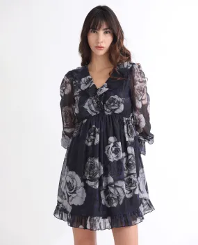 Rareism Women Fente Dark Purple Polyester Fabric 3/4Th Sleeves V-Neck Balloon Sleeve Relaxed Fit Floral Print Short Boxy Dress