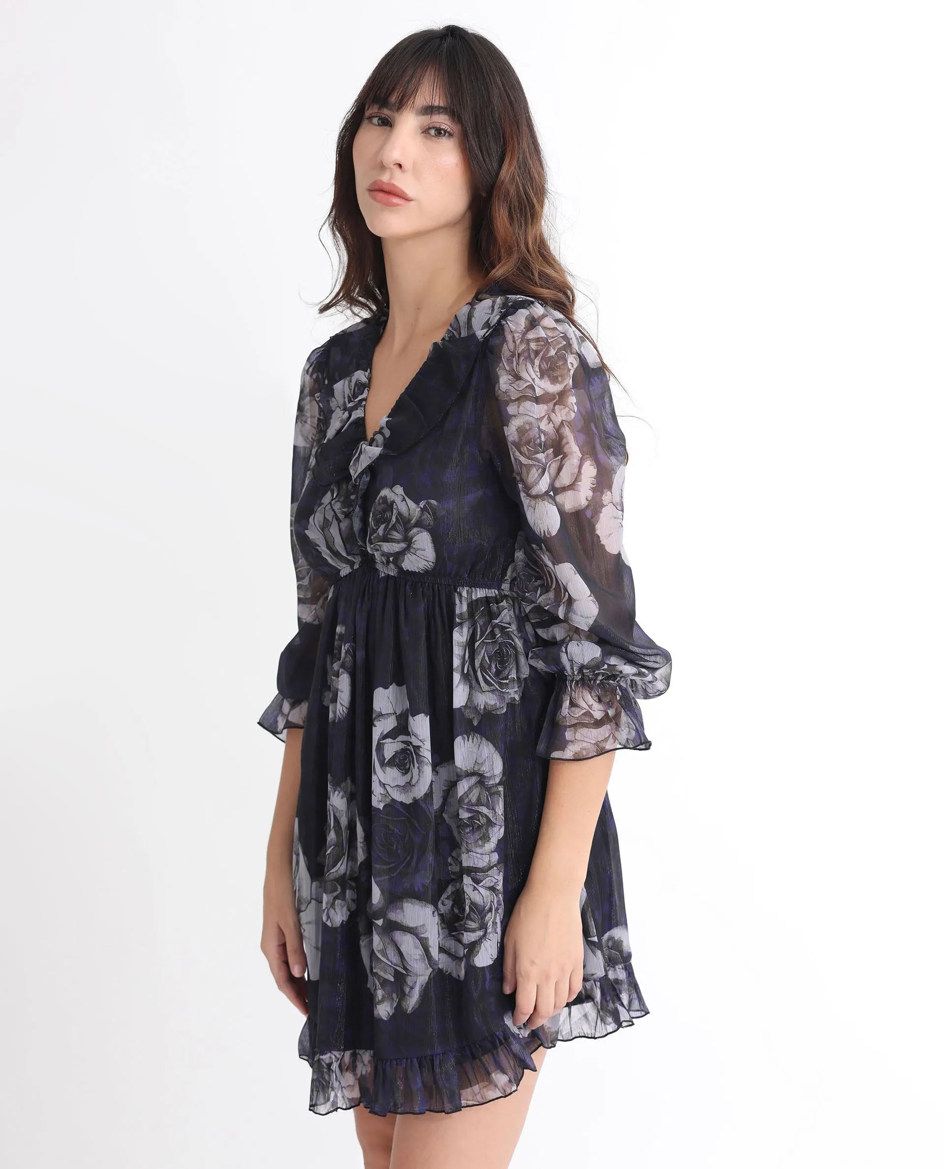 Rareism Women Fente Dark Purple Polyester Fabric 3/4Th Sleeves V-Neck Balloon Sleeve Relaxed Fit Floral Print Short Boxy Dress