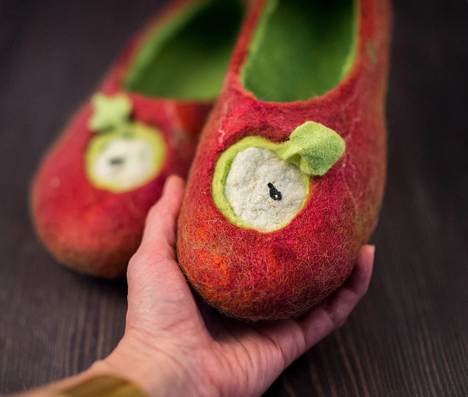 Red Apples handmade felted wool slippers for women