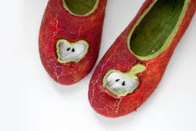 Red Apples handmade felted wool slippers for women