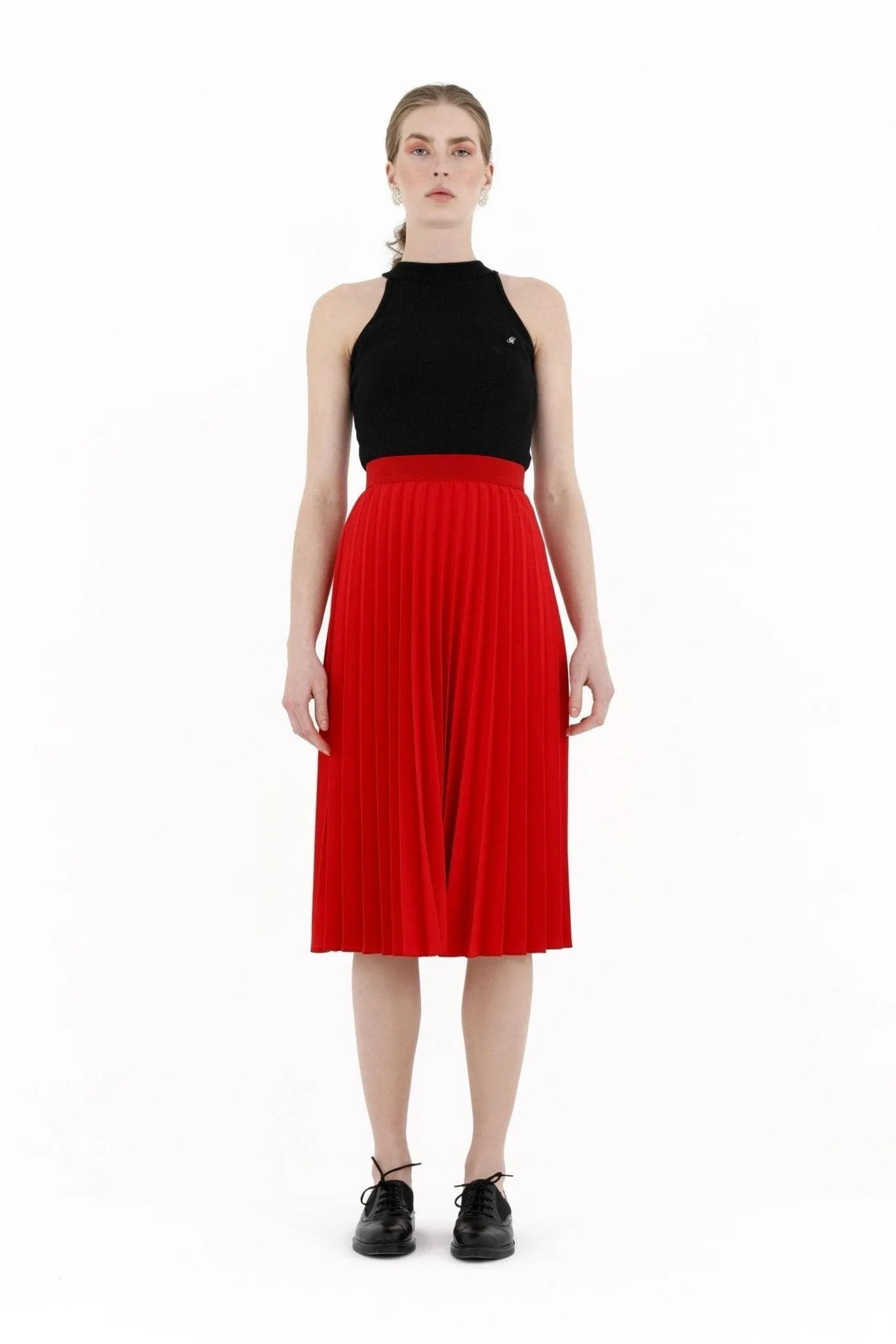 Red Pleated Skirt High Waist Elastic Waist Band Midi Skirt