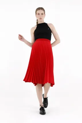 Red Pleated Skirt High Waist Elastic Waist Band Midi Skirt