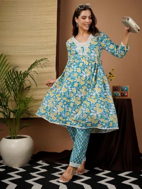 RELINA -BLUE AND WHITE PRINTED KURTA AND MATCHING TROUSER WITH EMBROI MATERNITY CO-ORDS SET