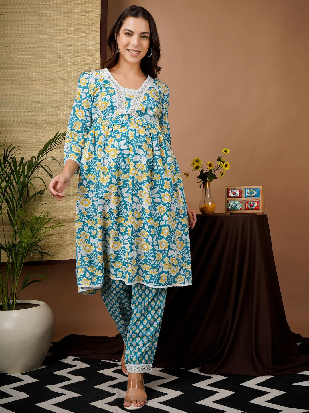 RELINA -BLUE AND WHITE PRINTED KURTA AND MATCHING TROUSER WITH EMBROI MATERNITY CO-ORDS SET