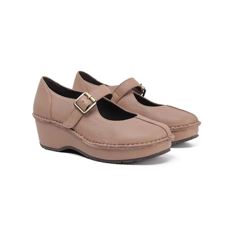 Retro Soft All Leather Platform Mary Jane Shoes In Apricot/Black