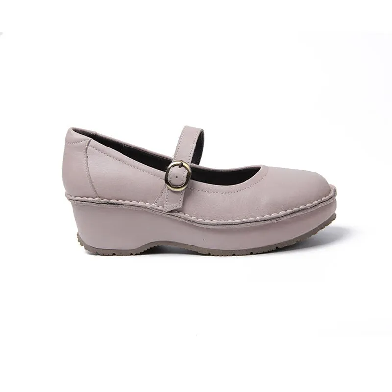 Retro Soft All Leather Platform Mary Jane Shoes In Beige/Black/Grey