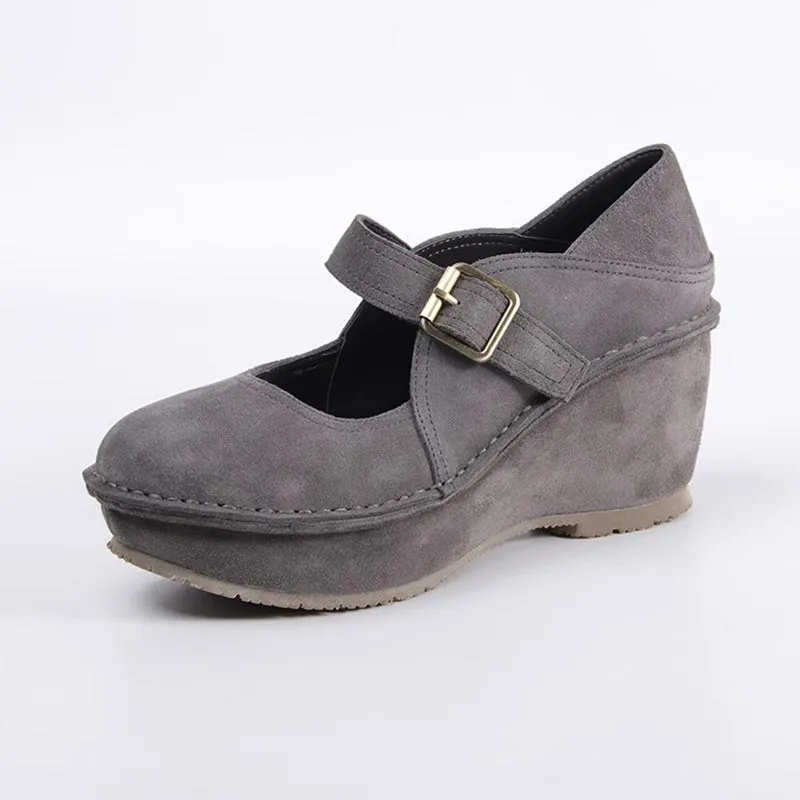 Retro Soft All Leather Platform Mary Jane Shoes In Gray/White/Black