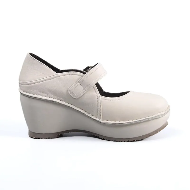 Retro Soft All Leather Platform Mary Jane Shoes In Gray/White/Black