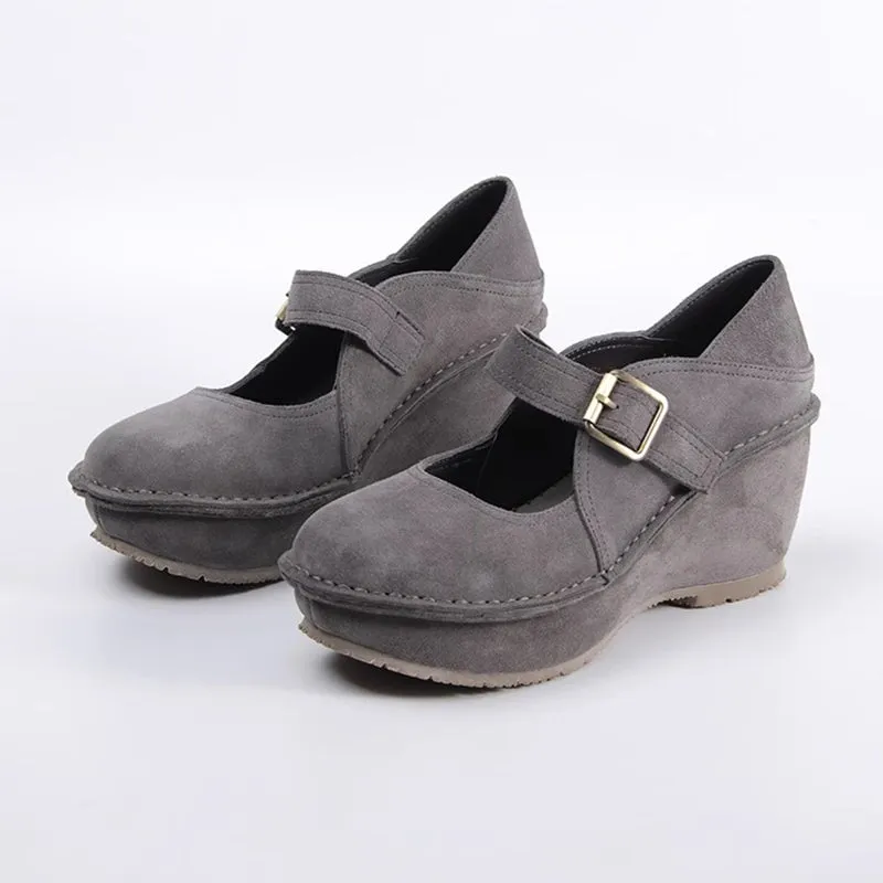 Retro Soft All Leather Platform Mary Jane Shoes In Gray/White/Black