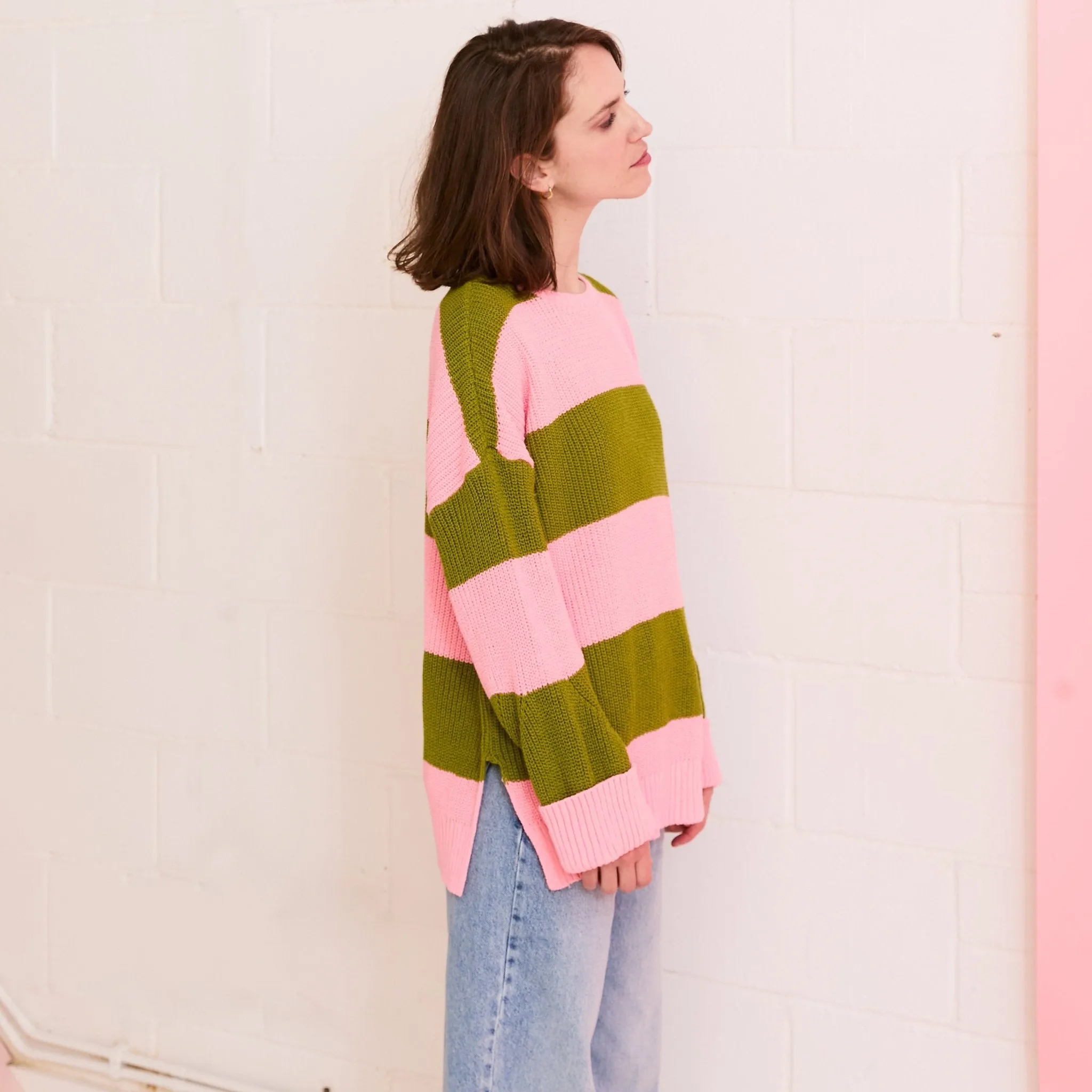 Rhiannon Recycled Cotton Mix Stripe Jumper - Pink and Green