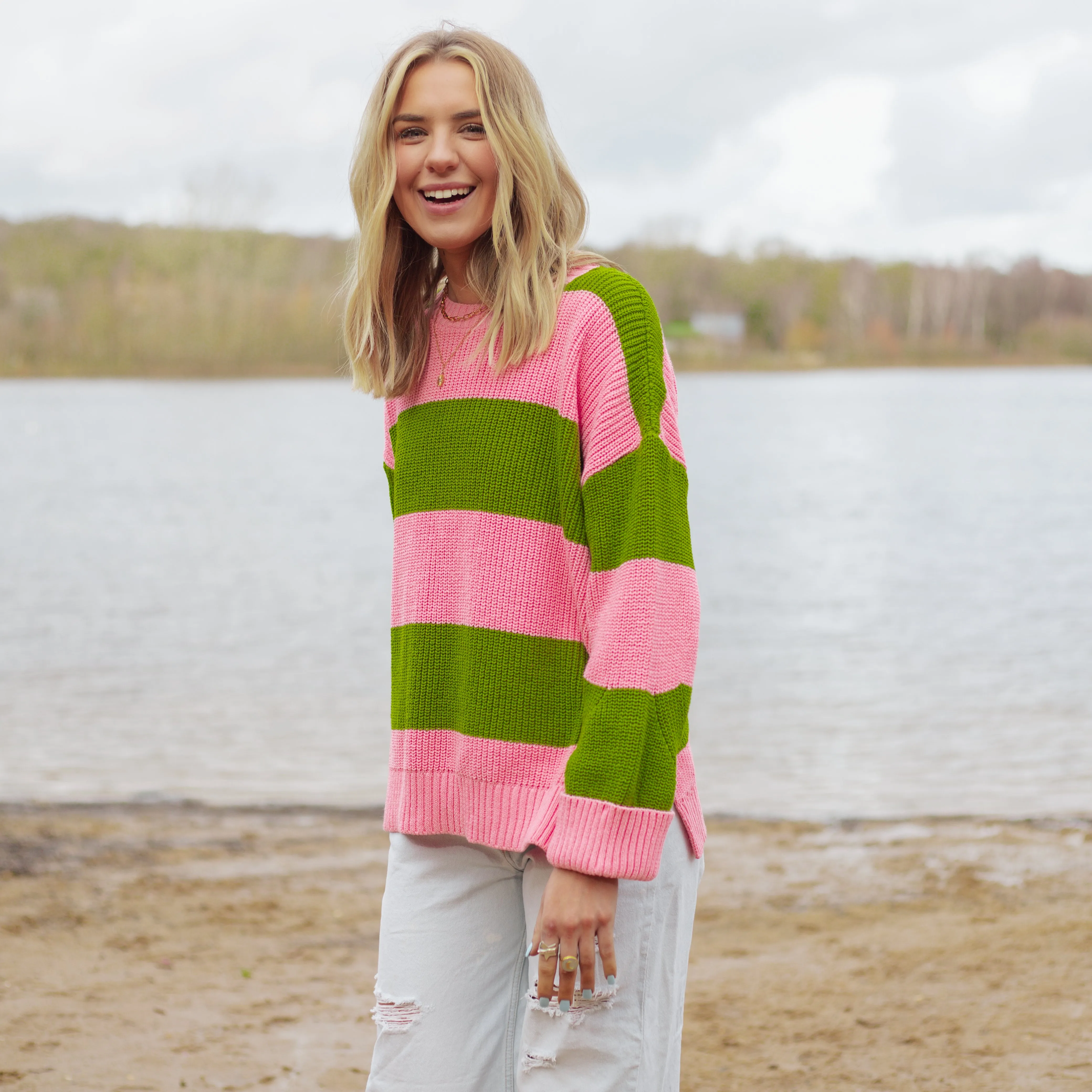 Rhiannon Recycled Cotton Mix Stripe Jumper - Pink and Green