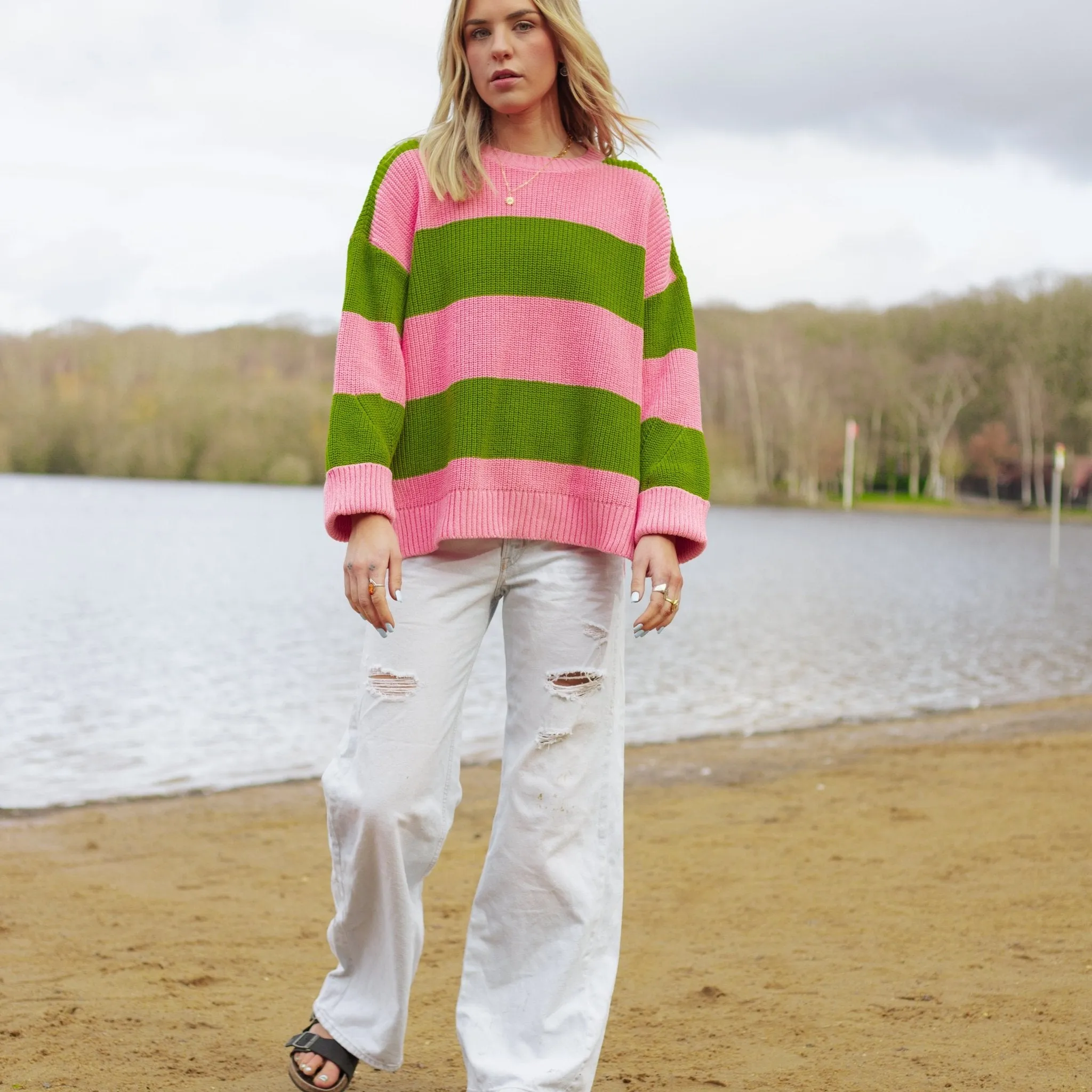 Rhiannon Recycled Cotton Mix Stripe Jumper - Pink and Green