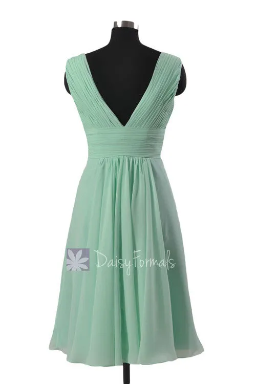 Short Mint Bridesmaid Dress W/ Deep V-Neck Chiffon Wedding Party Dress (BM1422A)