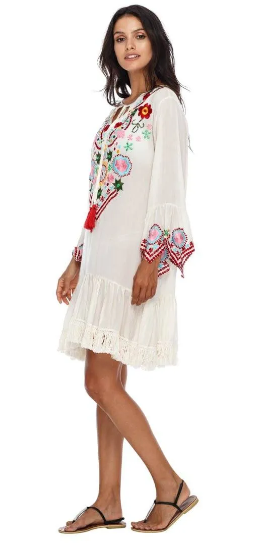 SHU-SHI Women's Bohemian Embroidered Tunic Dress - Bell Sleeve Swimsuit Cover-Up & Casual Short Shift Dress