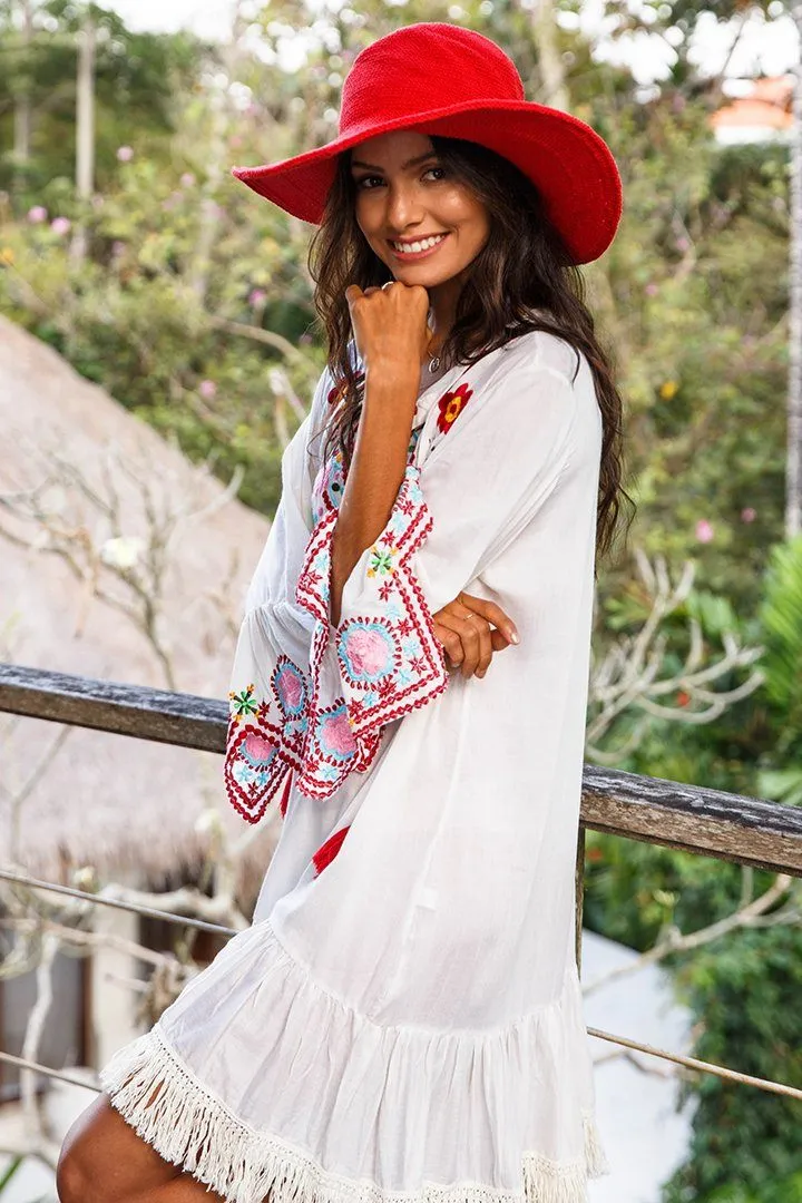 SHU-SHI Women's Bohemian Embroidered Tunic Dress - Bell Sleeve Swimsuit Cover-Up & Casual Short Shift Dress