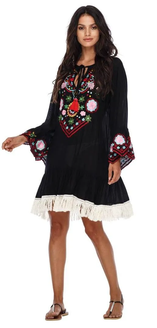 SHU-SHI Women's Bohemian Embroidered Tunic Dress - Bell Sleeve Swimsuit Cover-Up & Casual Short Shift Dress