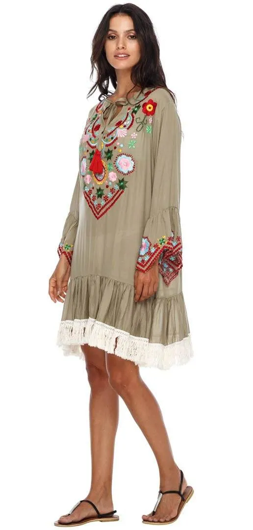 SHU-SHI Women's Bohemian Embroidered Tunic Dress - Bell Sleeve Swimsuit Cover-Up & Casual Short Shift Dress