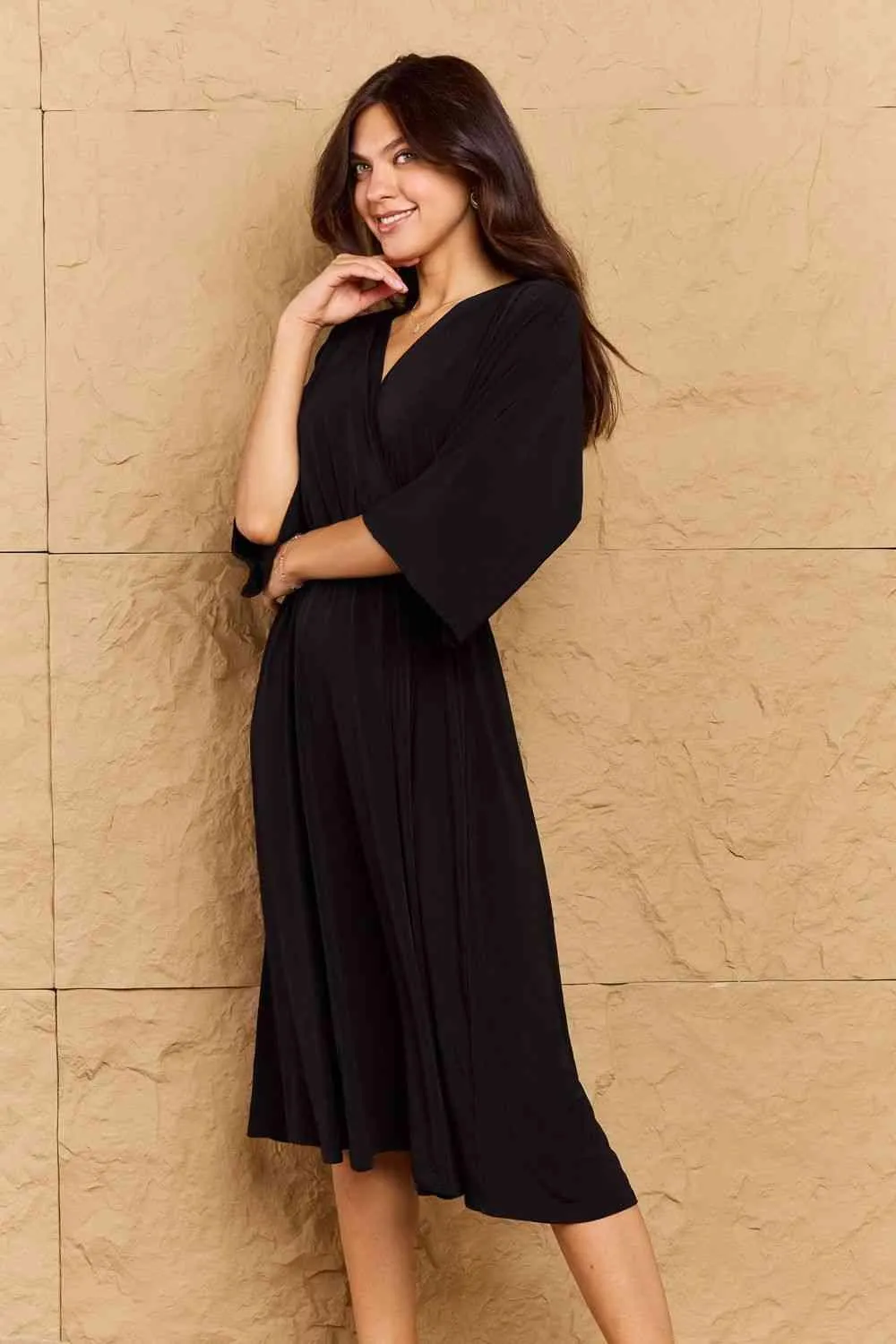 Solid Surplice Midi Dress