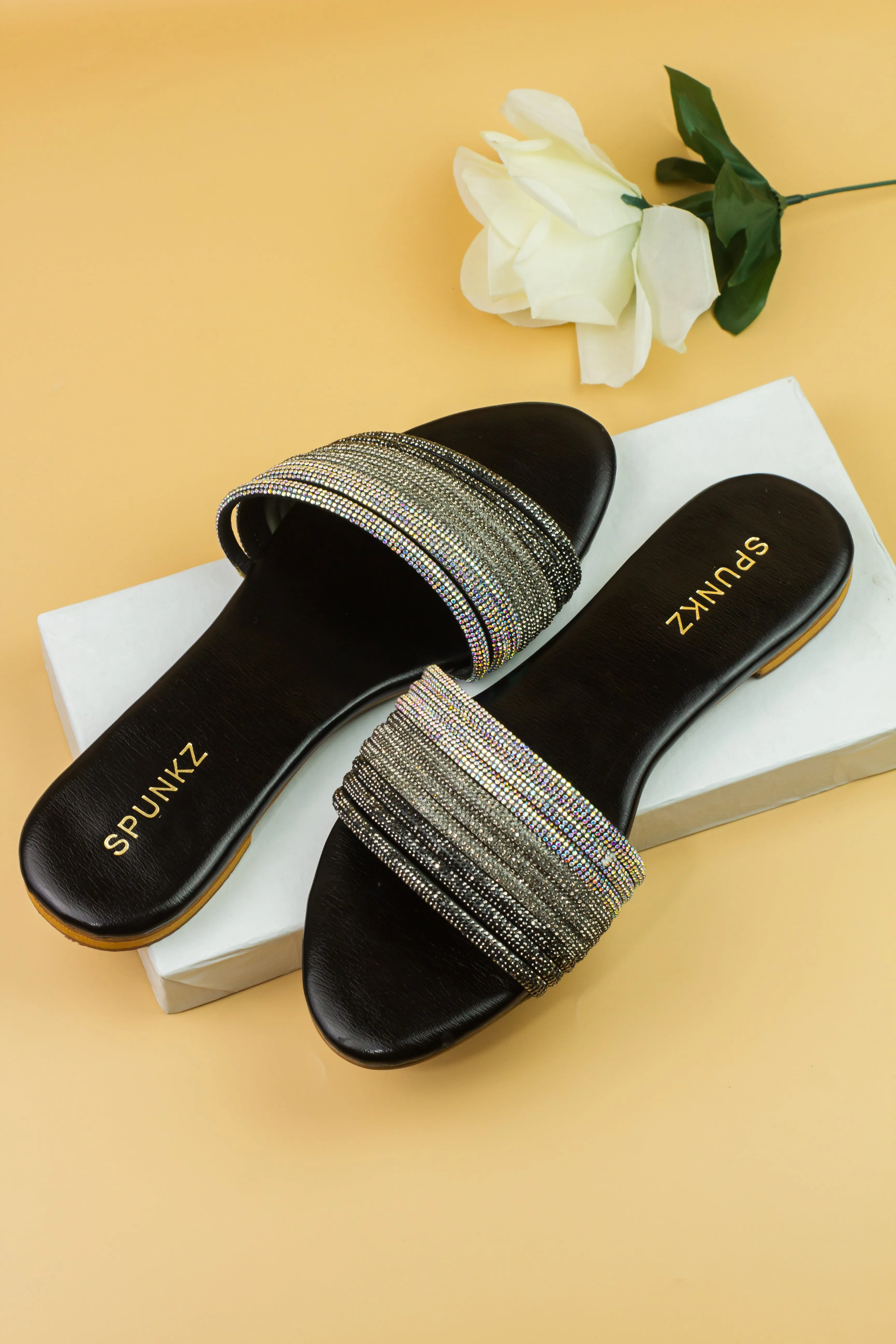 Spunkz Black and Silver Shiny Diamante Embellished Mash Flat Slippers