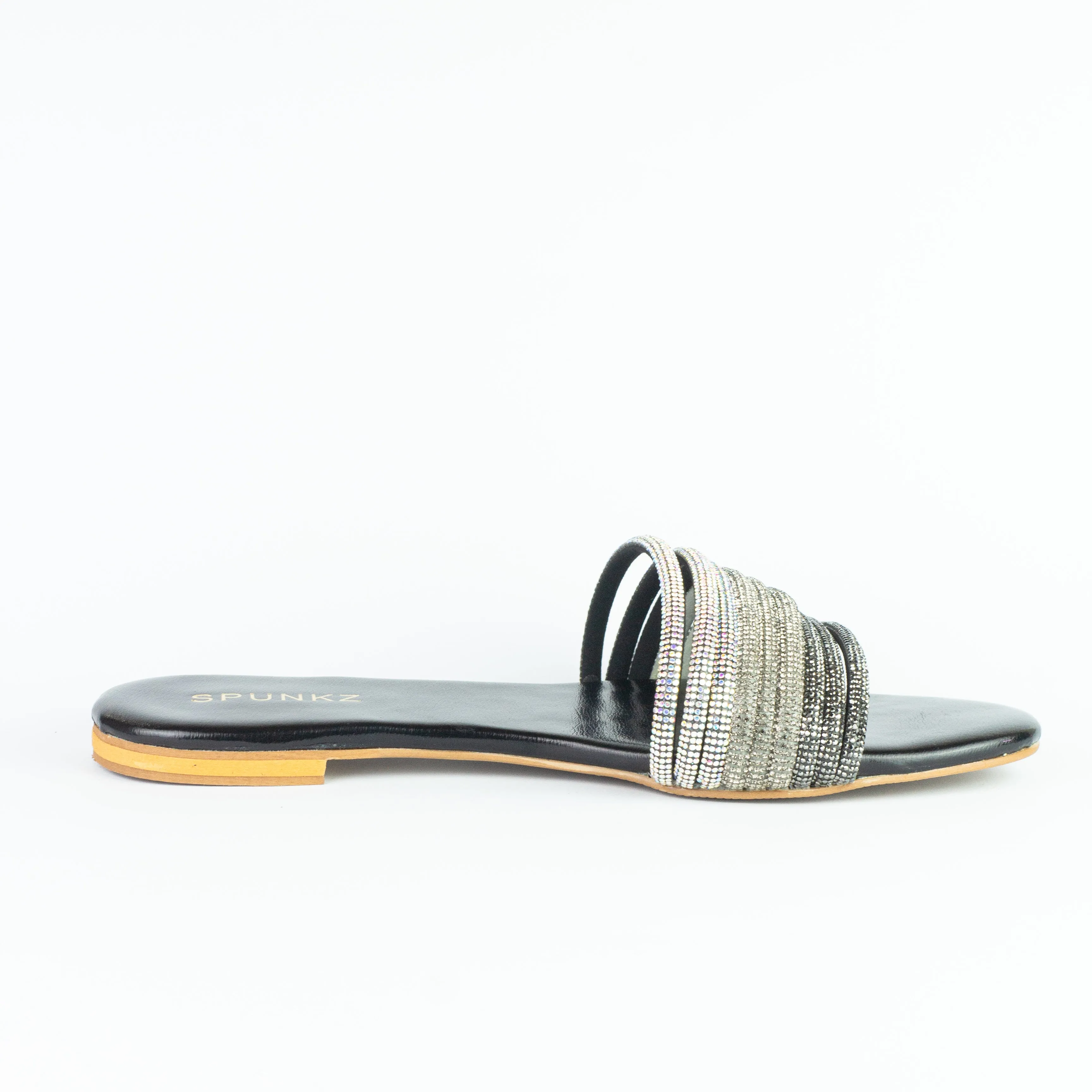 Spunkz Black and Silver Shiny Diamante Embellished Mash Flat Slippers