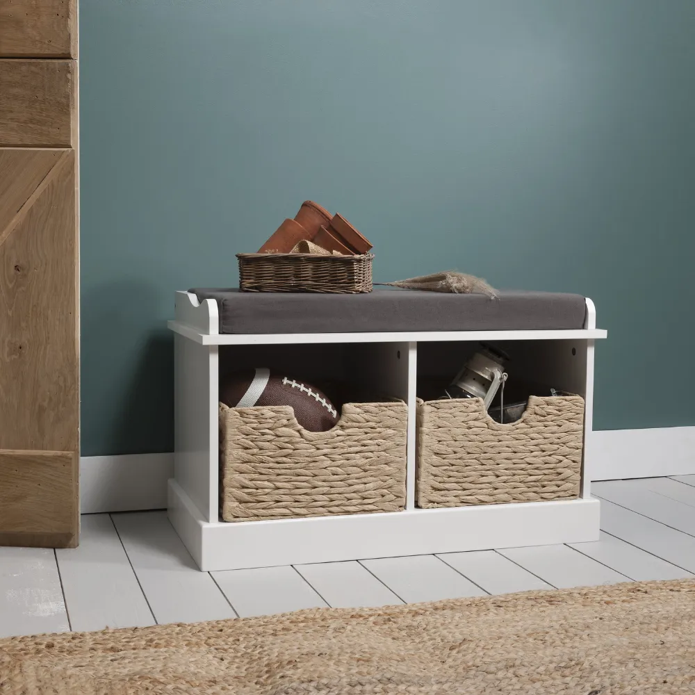 Stockholm Storage Bench with 2 Brown Baskets in Classic White