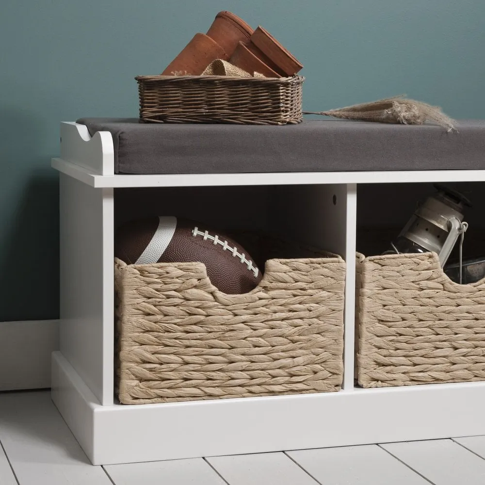 Stockholm Storage Bench with 3 Brown Baskets in Classic White