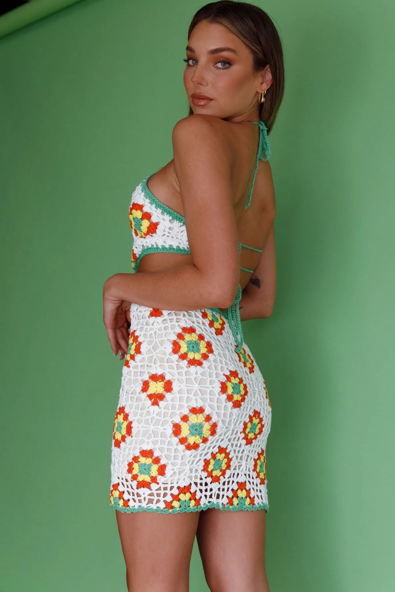 Summer Love Open Back Crochet Mini Dress Green