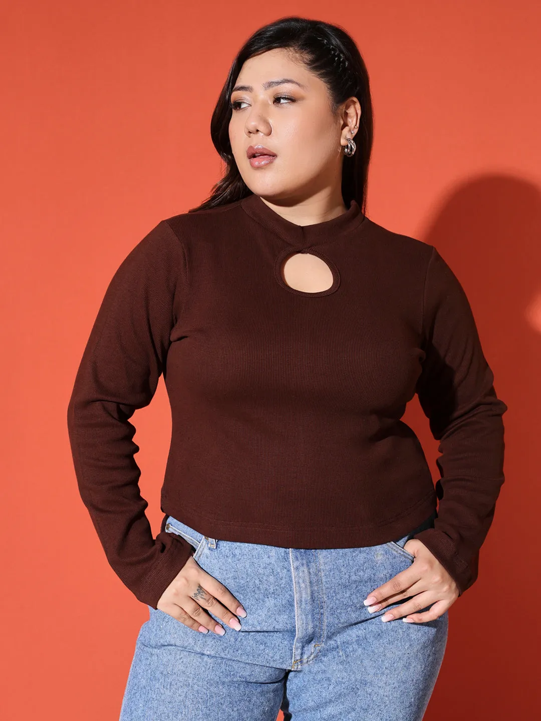 THEA - BROWN FULL SLEEVE CASUAL PLUS TOP