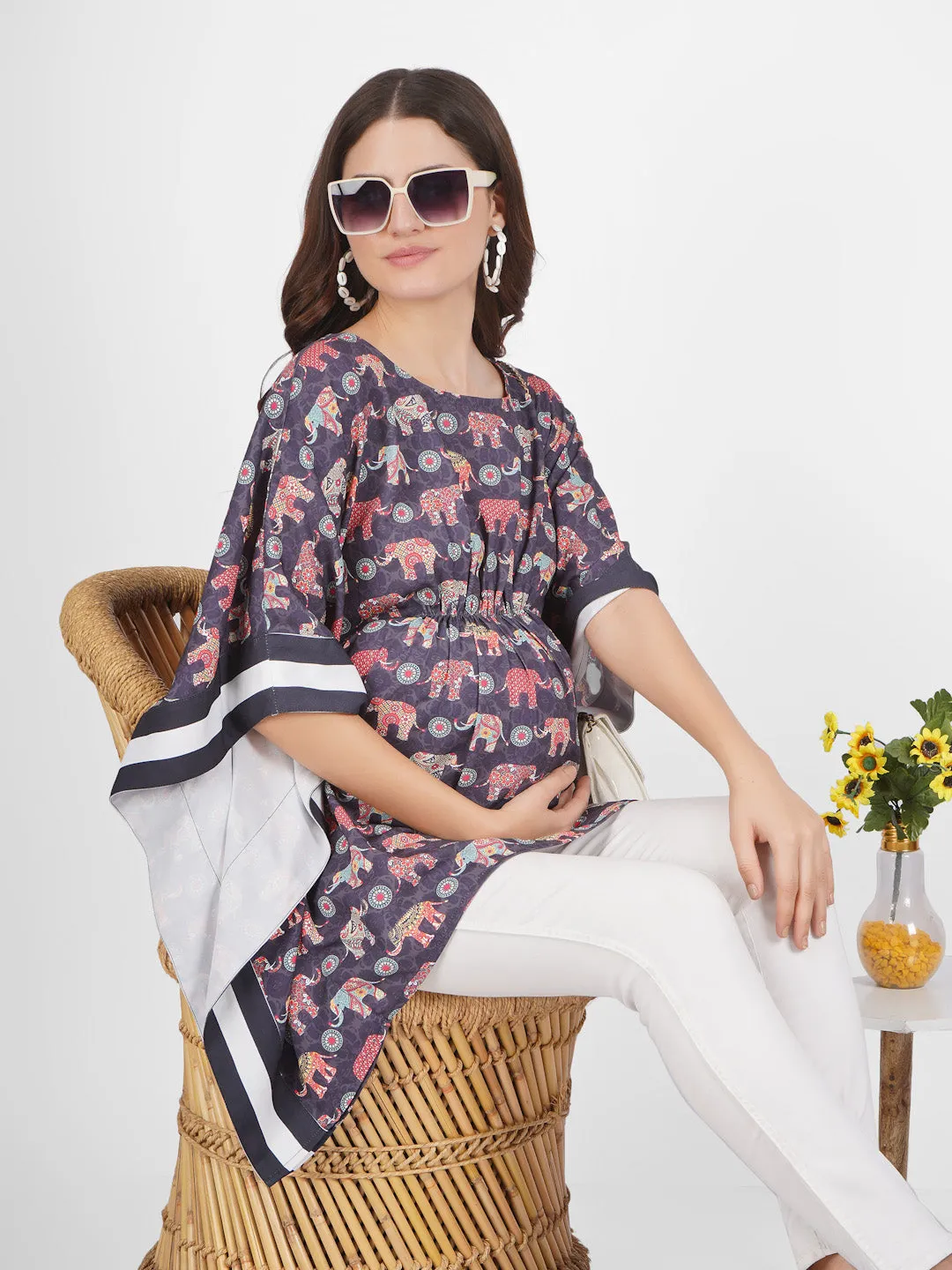 TINA - BLACK STYLISH MATERNITY KAFTAN TRADITIONAL PRINT IN ELEGANT COLOR