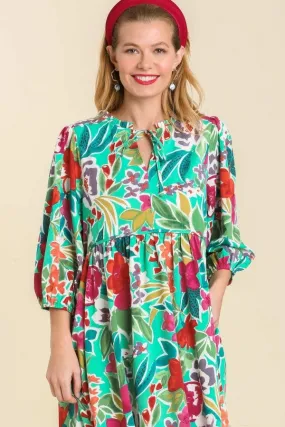 Umgee Floral Peasant Dress in Green Mix