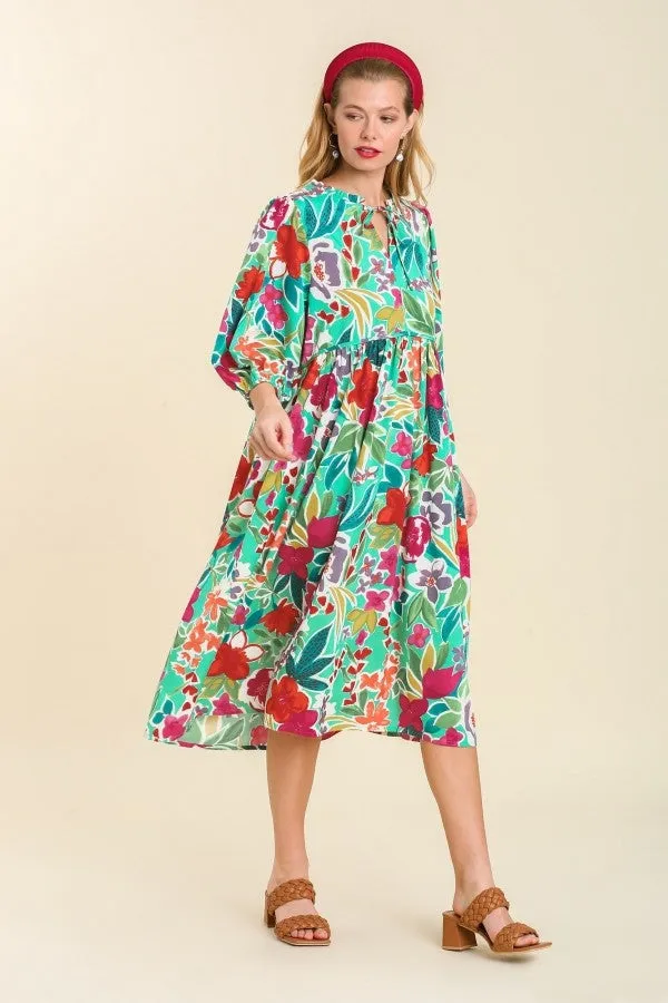 Umgee Floral Peasant Dress in Green Mix