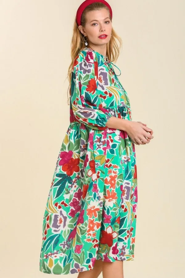 Umgee Floral Peasant Dress in Green Mix