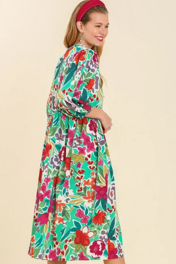 Umgee Floral Peasant Dress in Green Mix