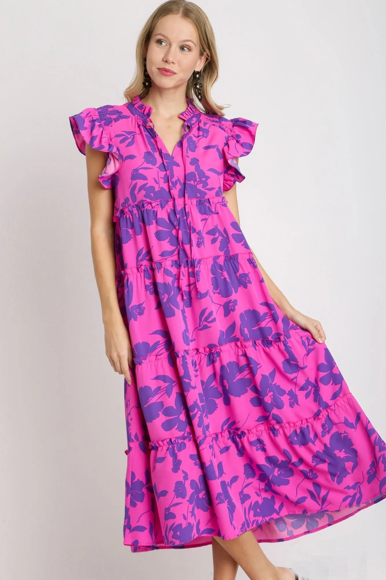 Umgee Split Neck Graphic Floral Print Tiered Maxi Dress in Magenta Mix