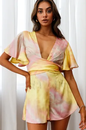 Unconditional Plunging Wrap Style Romper Marbled Tie Dye Pink/Yellow