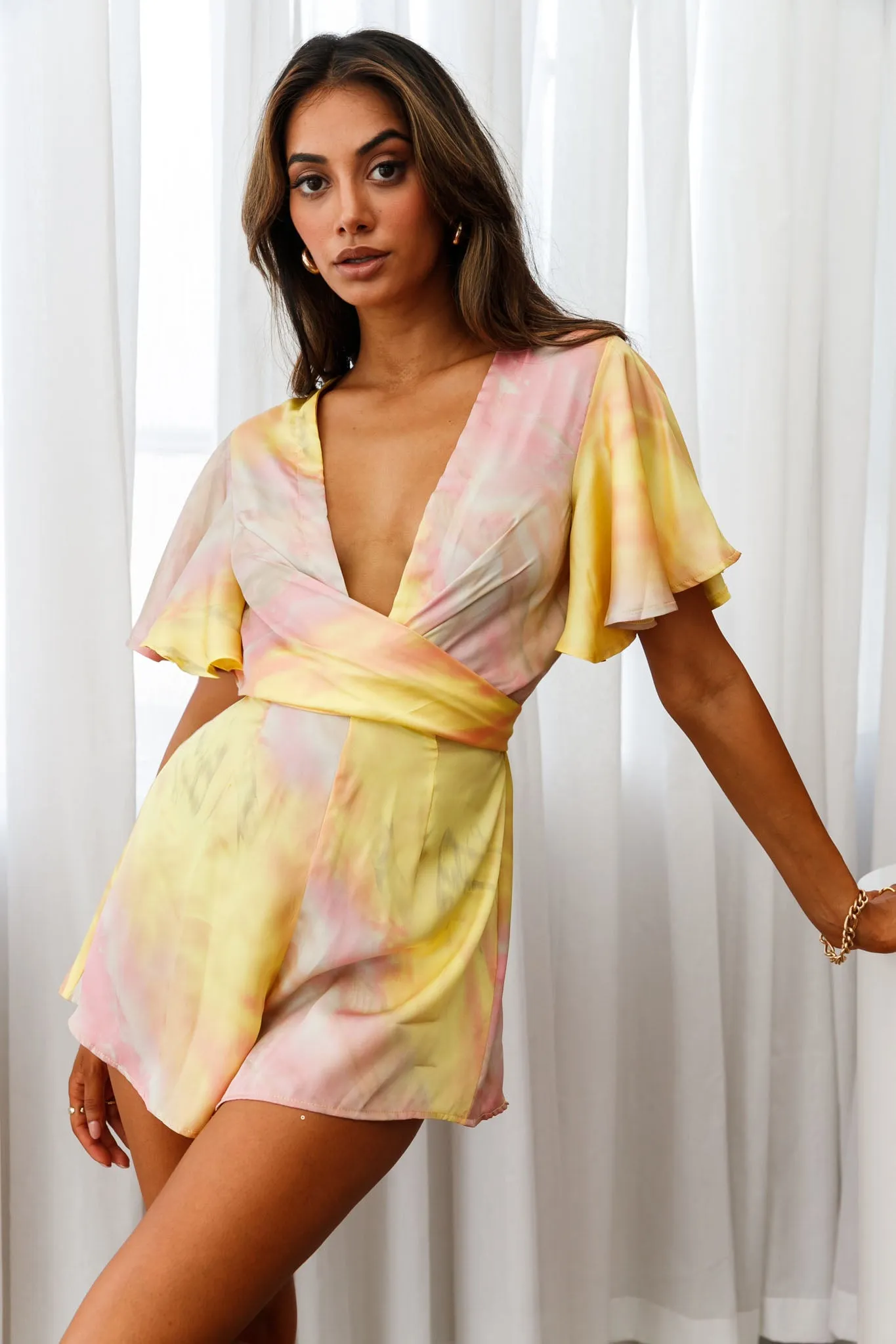 Unconditional Plunging Wrap Style Romper Marbled Tie Dye Pink/Yellow