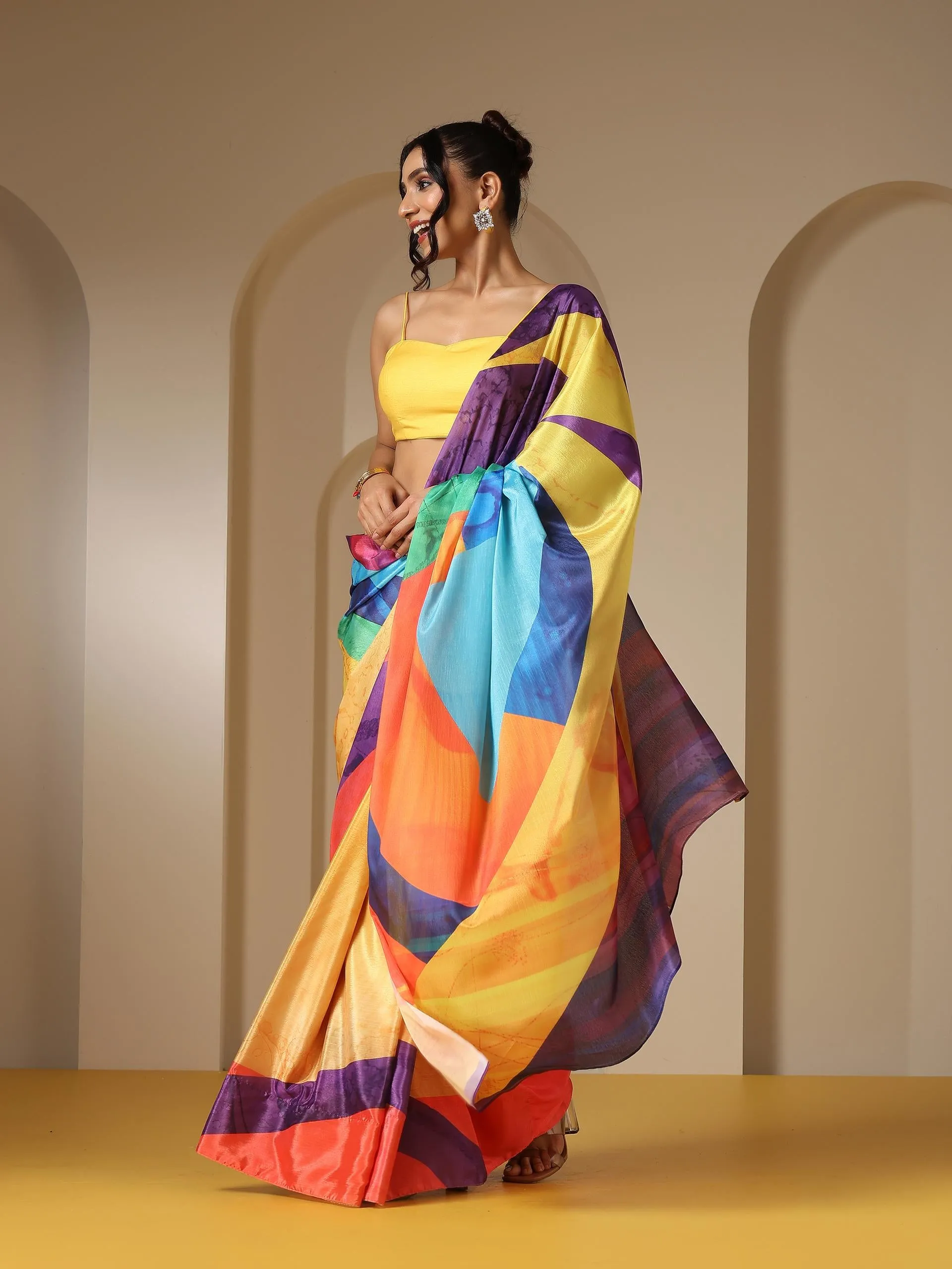 Vibgyor Triangle Print Saree with Blouse Fabric