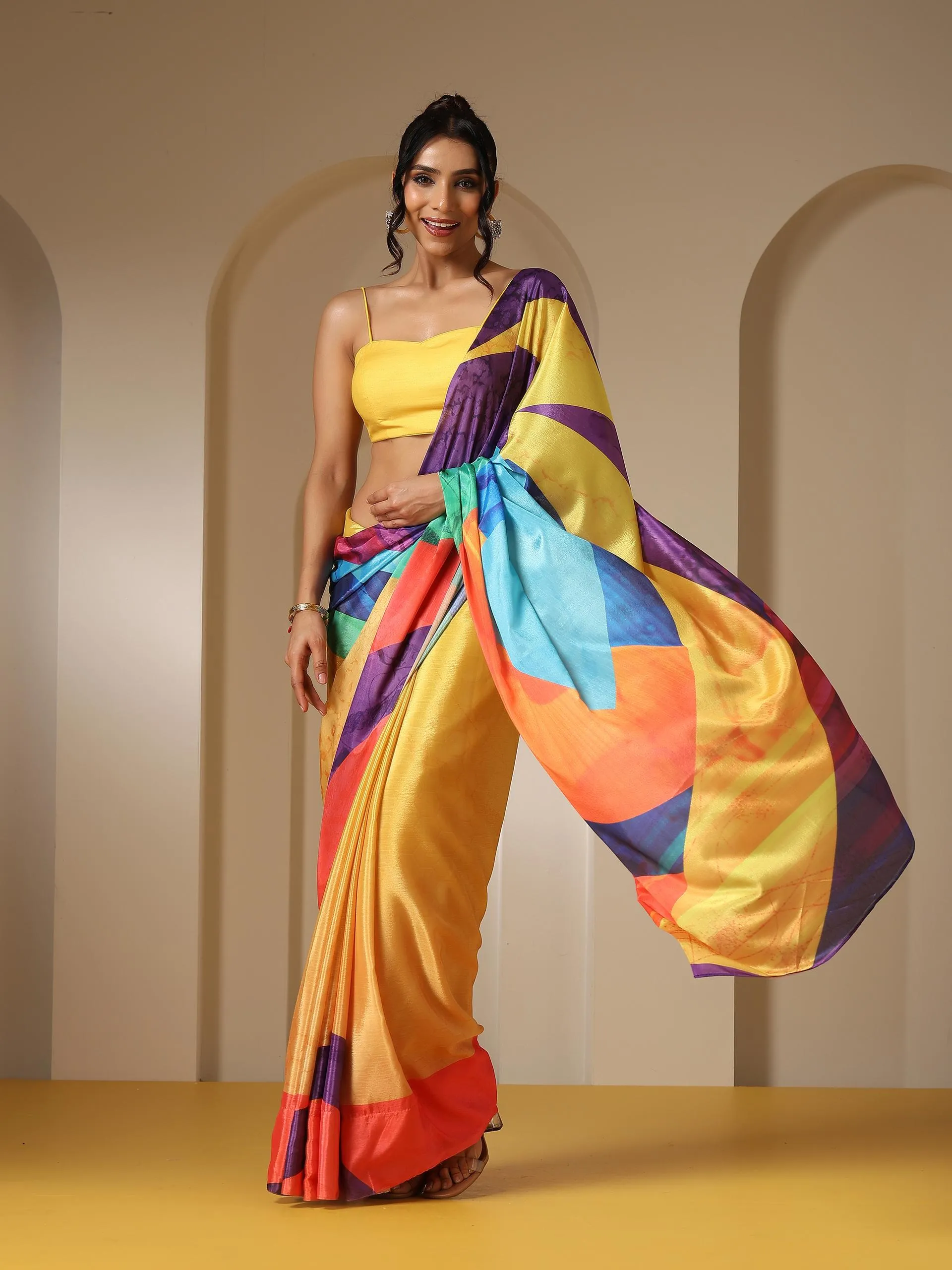 Vibgyor Triangle Print Saree with Blouse Fabric