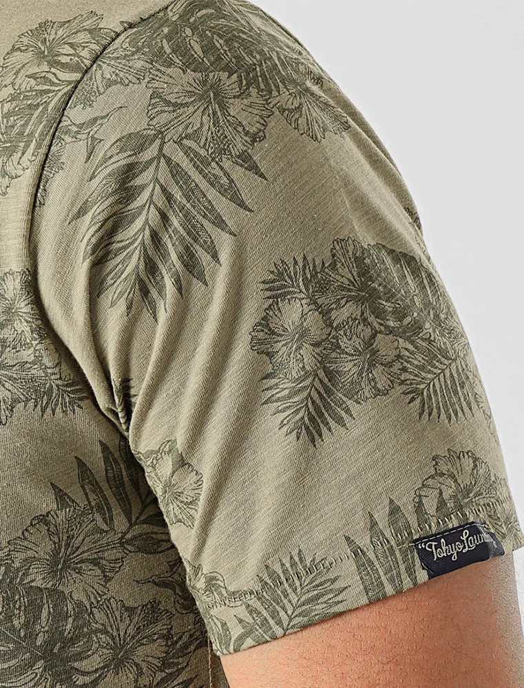 Waiuku Tropical Printed Cotton Slub T-Shirt In Silver Sage - Tokyo Laundry