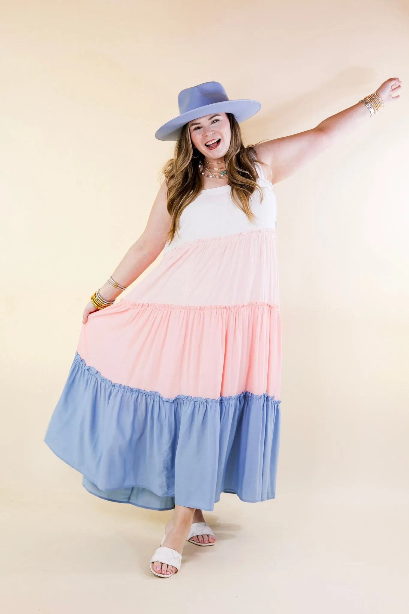 Weekend in Capri Tiered Maxi Dress with Adjustable Tie Straps in Baby Blue Mix