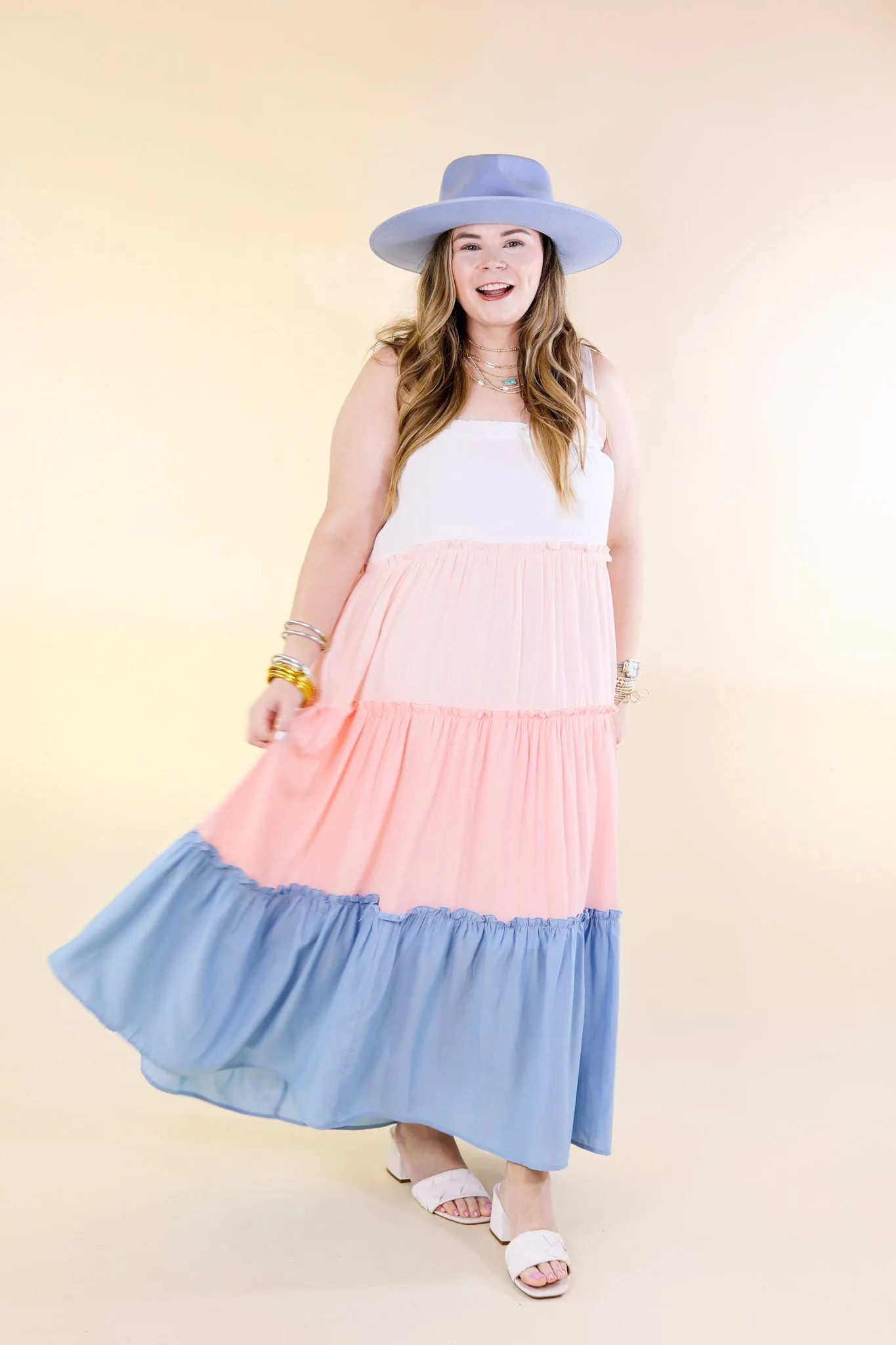 Weekend in Capri Tiered Maxi Dress with Adjustable Tie Straps in Baby Blue Mix