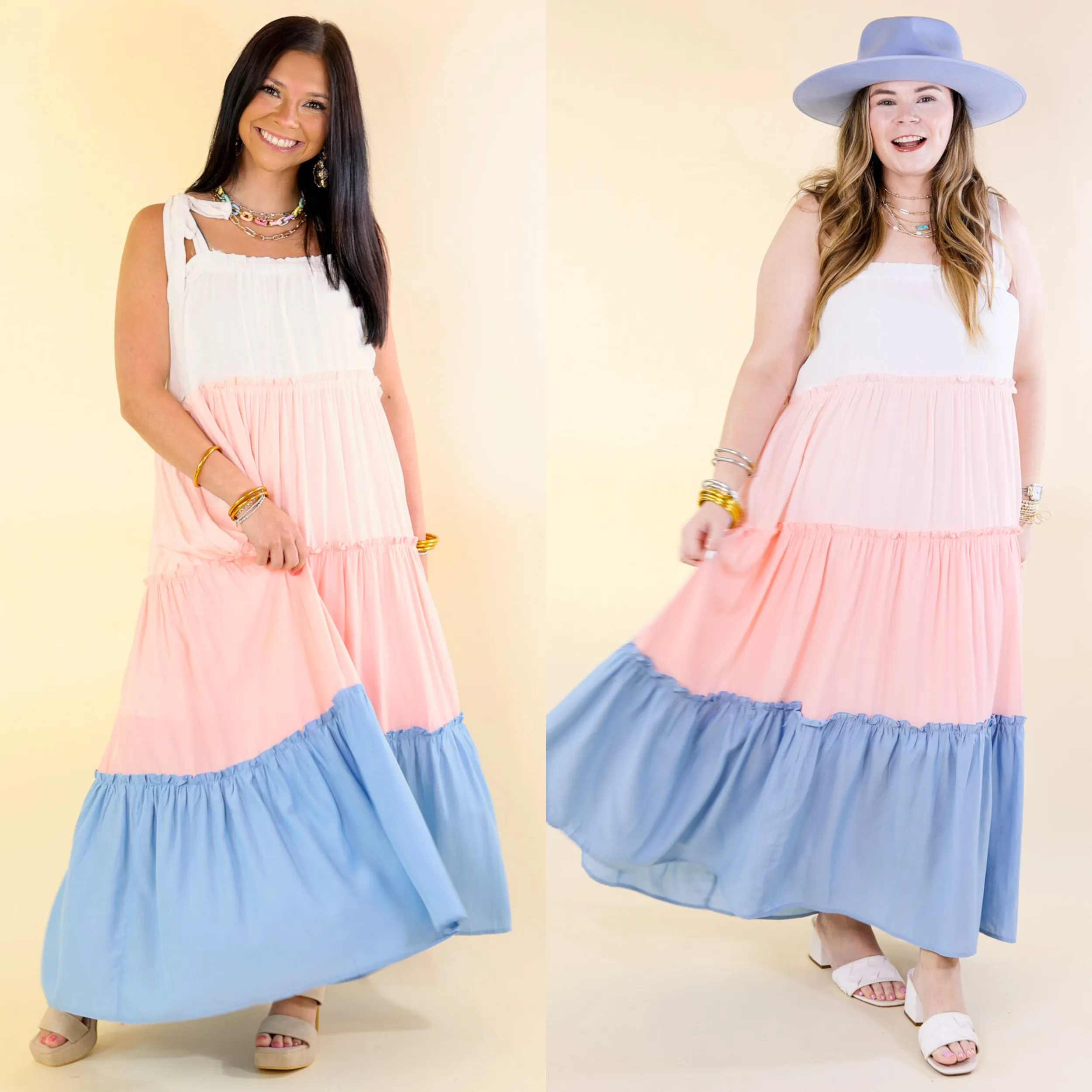 Weekend in Capri Tiered Maxi Dress with Adjustable Tie Straps in Baby Blue Mix