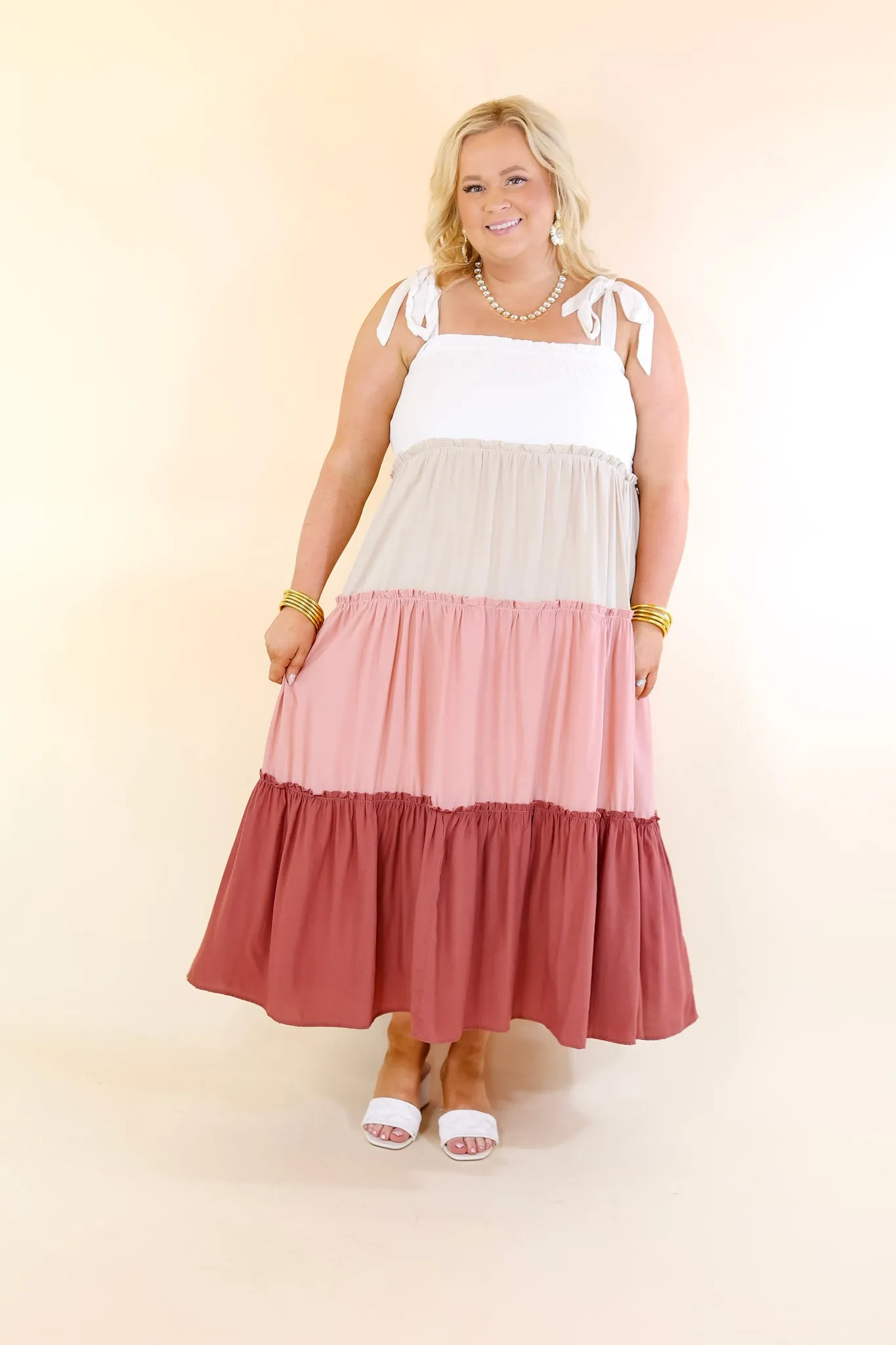 Weekend in Capri Tiered Maxi Dress with Adjustable Tie Straps in Mauve Mix