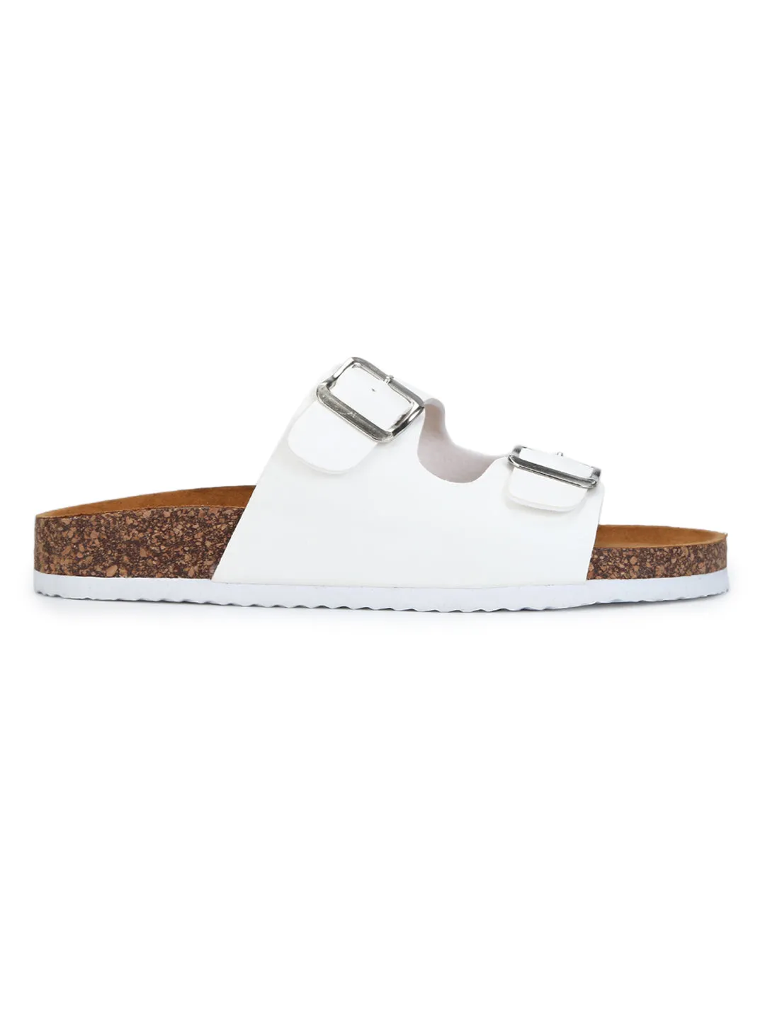 White Double Buckle Brown Platform Slip-on Flats