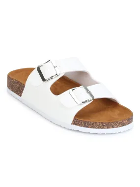 White Double Buckle Brown Platform Slip-on Flats