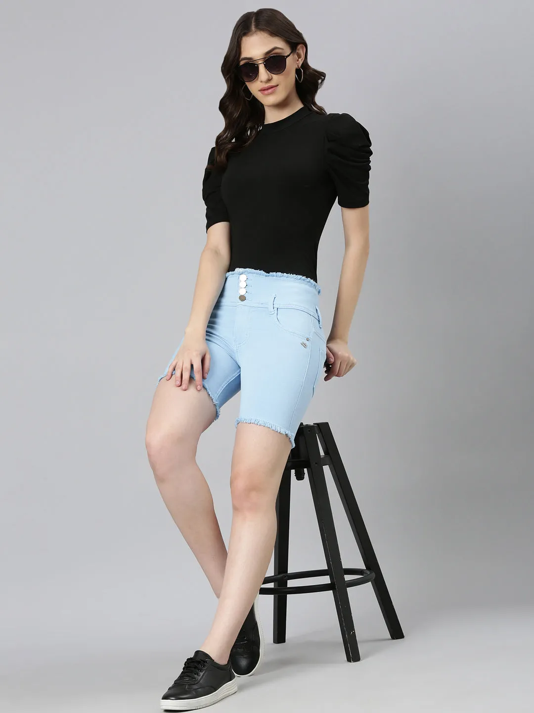 Women Blue Solid Denim Shorts