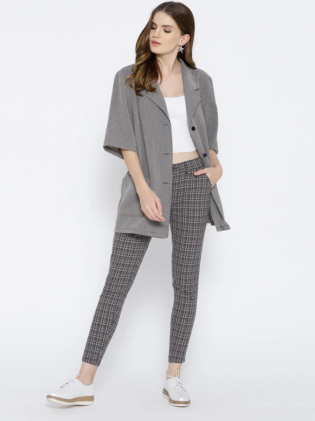 Women Grey Checked Regular Trousers