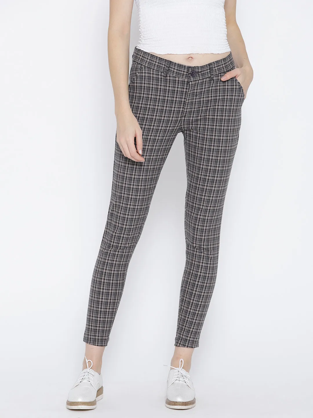 Women Grey Checked Regular Trousers