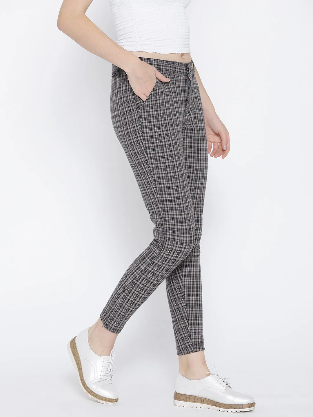 Women Grey Checked Regular Trousers